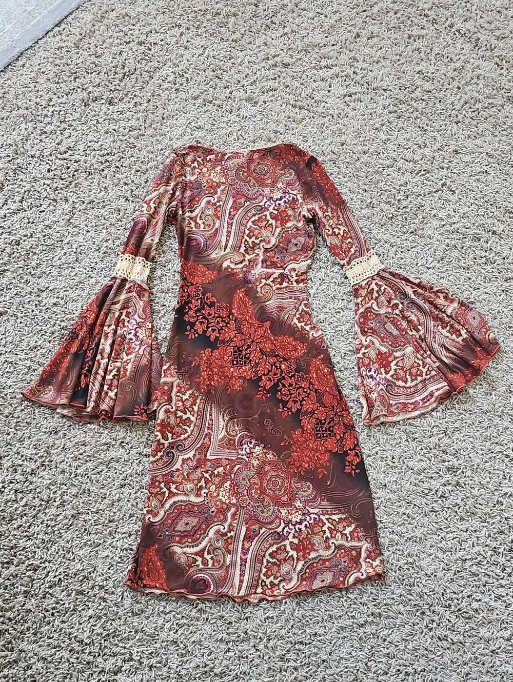 So Cool USA Dress True Y2k Vintage Dress Boho Paisley Flare Sleeves Small Mini - Picture 7 of 7